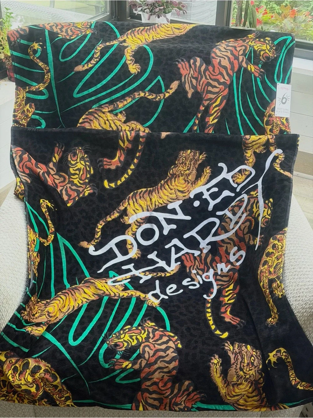 Ed Hardy Tiger Beach Towels 2pc Set Black Leopard Print Palm Oversized 36x72 NWT